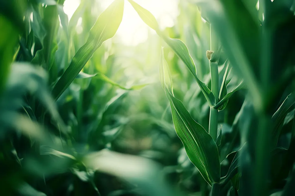 Close-up of fresh green corn leaves in a field