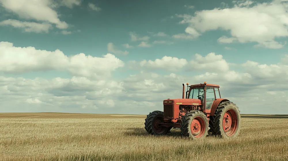 Red tractor standing in a wheat field under a cloudy sky