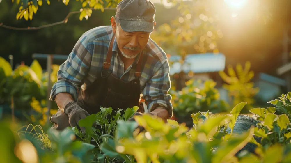 An elderly farmer wearing a cap and apron carefully tending to green crops in a sunlit garden, surrounded by lush plants and warm golden light.